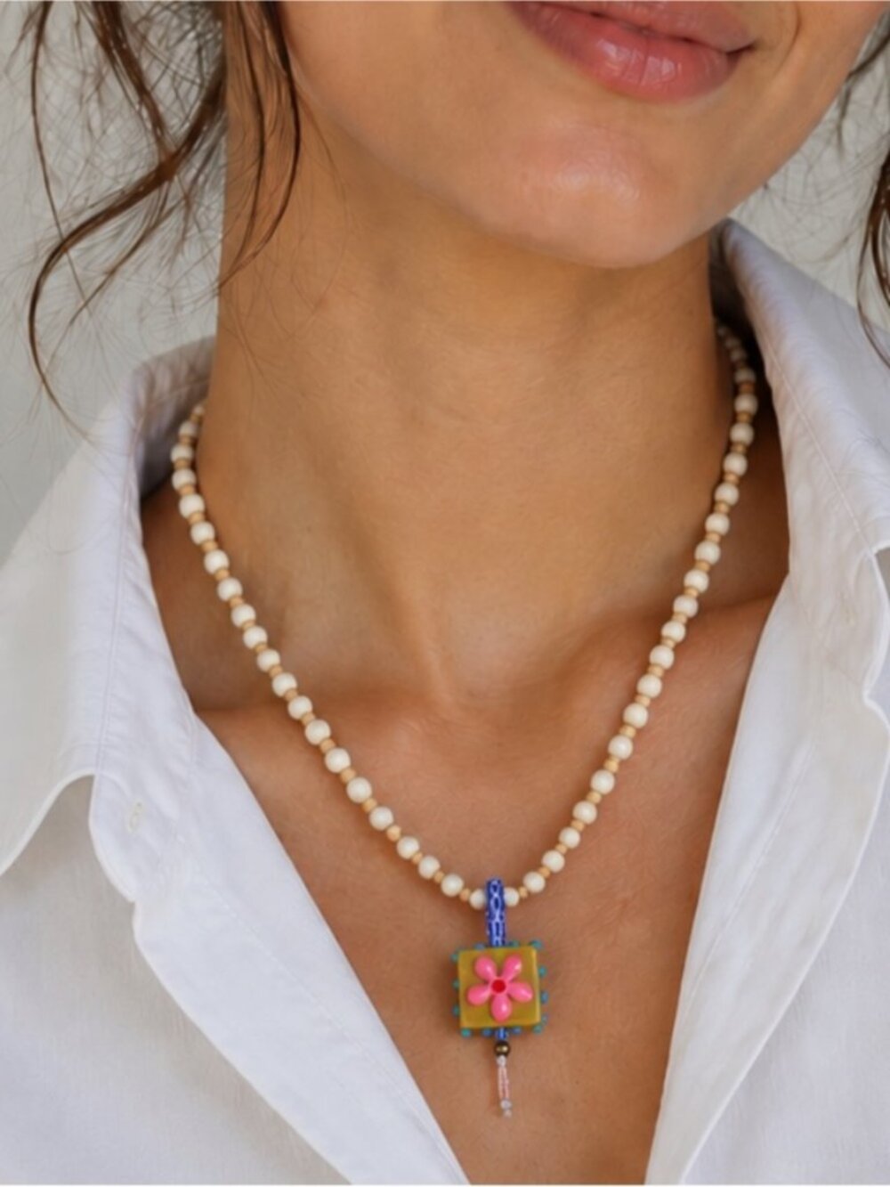 New! Beaded Colorful Flower Heart Charm Necklace NWOT 1059